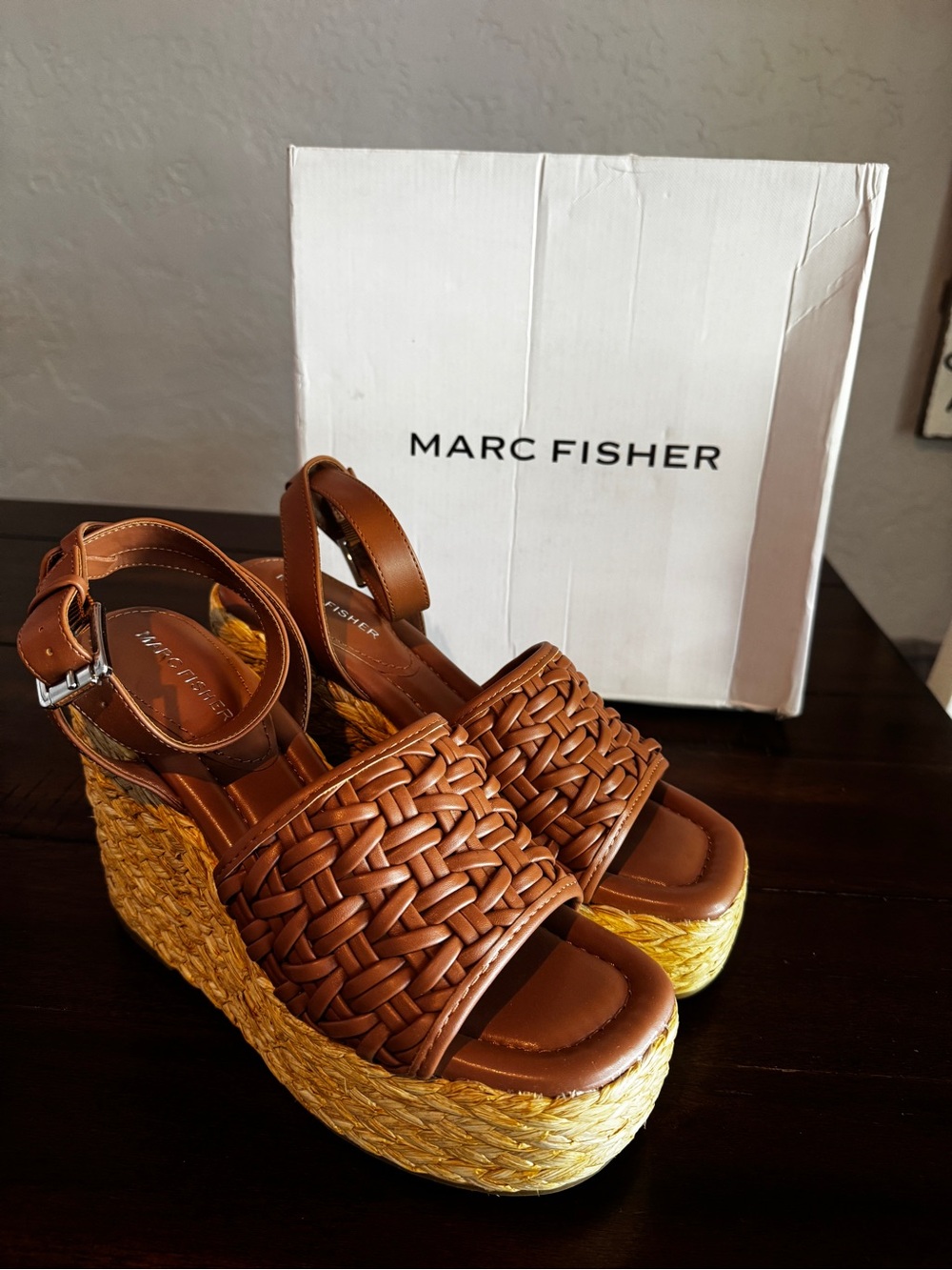 Marc Fisher Brown Woven Platform Espadrille Wedges